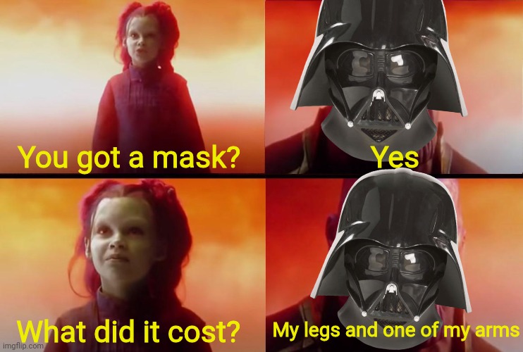 Will you? | You got a mask? Yes; My legs and one of my arms; What did it cost? | image tagged in thanos what did it cost,mask,darth vader,star wars,marvel,covid-19 | made w/ Imgflip meme maker