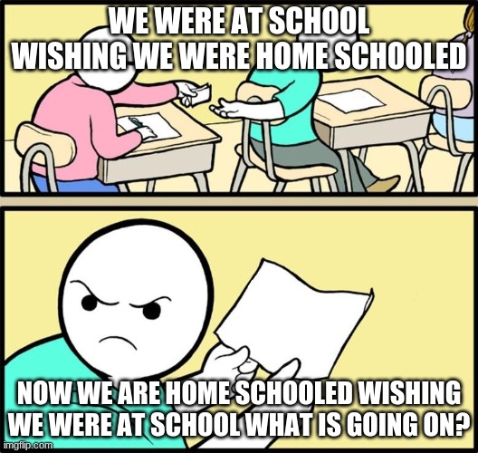 whats going on really | WE WERE AT SCHOOL WISHING WE WERE HOME SCHOOLED; NOW WE ARE HOME SCHOOLED WISHING WE WERE AT SCHOOL WHAT IS GOING ON? | image tagged in note passing | made w/ Imgflip meme maker