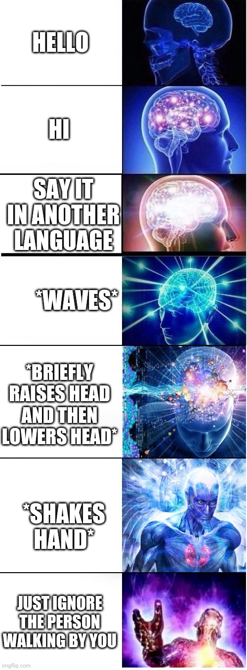 Expanding brain extended 2 | HELLO; HI; SAY IT IN ANOTHER LANGUAGE; *WAVES*; *BRIEFLY RAISES HEAD AND THEN LOWERS HEAD*; *SHAKES HAND*; JUST IGNORE THE PERSON WALKING BY YOU | image tagged in expanding brain extended 2 | made w/ Imgflip meme maker