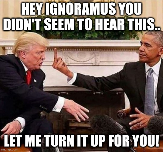 Obama meets Trump | HEY IGNORAMUS YOU DIDN'T SEEM TO HEAR THIS.. LET ME TURN IT UP FOR YOU! | image tagged in barack obama | made w/ Imgflip meme maker