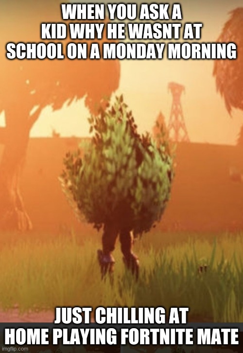 Fortnite bush | WHEN YOU ASK A KID WHY HE WASNT AT SCHOOL ON A MONDAY MORNING; JUST CHILLING AT HOME PLAYING FORTNITE MATE | image tagged in fortnite bush | made w/ Imgflip meme maker