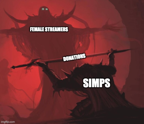 Twitch | FEMALE STREAMERS; DONATIONS; SIMPS | image tagged in man giving sword to larger man,simps,baby jesus for moderator,funny,memes | made w/ Imgflip meme maker