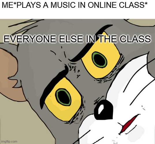 Unsettled Tom | ME*PLAYS A MUSIC IN ONLINE CLASS*; EVERYONE ELSE IN THE CLASS | image tagged in memes,unsettled tom | made w/ Imgflip meme maker