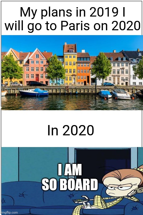 Blank Comic Panel 1x2 Meme | My plans in 2019 I will go to Paris on 2020; In 2020; I AM SO BOARD | image tagged in memes,blank comic panel 1x2 | made w/ Imgflip meme maker