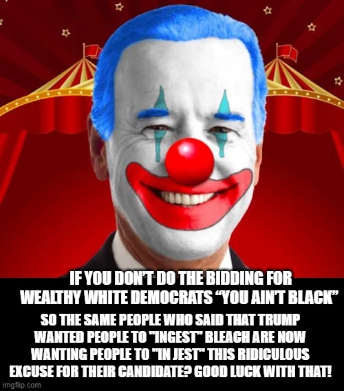 Clown Candidate!  The same people who said that Trump wanted people to "ingest" bleach are now wanting people to "in jest" this  | IF YOU DON’T DO THE BIDDING FOR WEALTHY WHITE DEMOCRATS “YOU AIN’T BLACK”; SO THE SAME PEOPLE WHO SAID THAT TRUMP WANTED PEOPLE TO "INGEST" BLEACH ARE NOW WANTING PEOPLE TO "IN JEST" THIS RIDICULOUS EXCUSE FOR THEIR CANDIDATE? GOOD LUCK WITH THAT! | image tagged in biden,stupid liberals | made w/ Imgflip meme maker