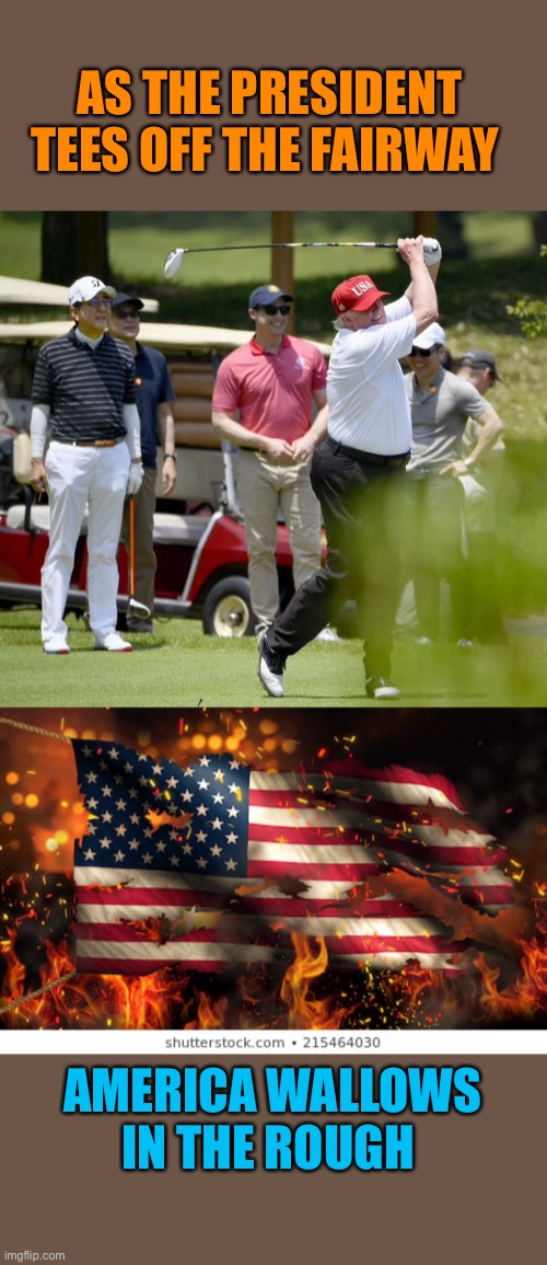 If our dire situation was explained like a game of golf. Would Trump finally understand? | AS THE PRESIDENT TEES OFF THE FAIRWAY; AMERICA WALLOWS IN THE ROUGH | image tagged in trump,golf,republicans,orange,joe biden,funny | made w/ Imgflip meme maker