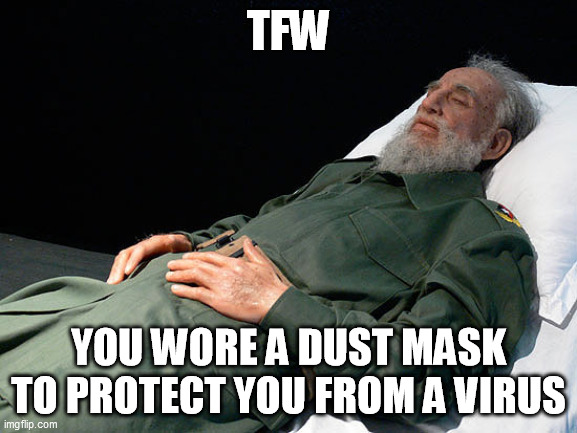 N95 Is A Dust Mask... | TFW; YOU WORE A DUST MASK TO PROTECT YOU FROM A VIRUS | image tagged in dead castro,covid-19,covidiots,made in china | made w/ Imgflip meme maker