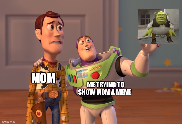 X, X Everywhere Meme | ME TRYING TO SHOW MOM A MEME; MOM | image tagged in memes,x x everywhere,meme,mom,shrek | made w/ Imgflip meme maker