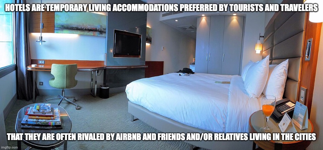 Hotel | HOTELS ARE TEMPORARY LIVING ACCOMMODATIONS PREFERRED BY TOURISTS AND TRAVELERS; THAT THEY ARE OFTEN RIVALED BY AIRBNB AND FRIENDS AND/OR RELATIVES LIVING IN THE CITIES | image tagged in hotel,memes | made w/ Imgflip meme maker