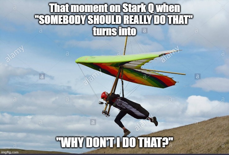 That moment on Stark Q when
"SOMEBODY SHOULD REALLY DO THAT" 
turns into; "WHY DON'T I DO THAT?" | made w/ Imgflip meme maker