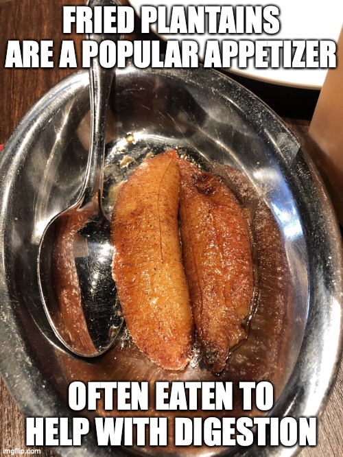 Fried Plantains | FRIED PLANTAINS ARE A POPULAR APPETIZER; OFTEN EATEN TO HELP WITH DIGESTION | image tagged in plantain,memes,food | made w/ Imgflip meme maker