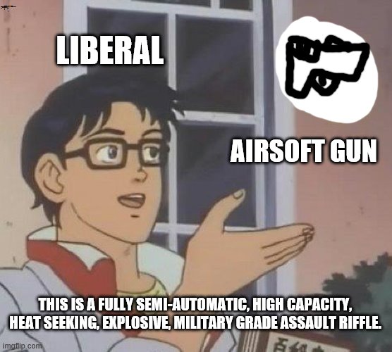 Is This A Pigeon | LIBERAL; AIRSOFT GUN; THIS IS A FULLY SEMI-AUTOMATIC, HIGH CAPACITY, HEAT SEEKING, EXPLOSIVE, MILITARY GRADE ASSAULT RIFFLE. | image tagged in memes,is this a pigeon | made w/ Imgflip meme maker