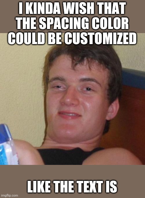10 Guy | I KINDA WISH THAT THE SPACING COLOR COULD BE CUSTOMIZED; LIKE THE TEXT IS | image tagged in memes,10 guy | made w/ Imgflip meme maker