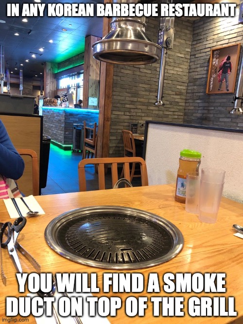 Korean Restaurant Grill and Duct | IN ANY KOREAN BARBECUE RESTAURANT; YOU WILL FIND A SMOKE DUCT ON TOP OF THE GRILL | image tagged in restaurant,memes,food,barbecue | made w/ Imgflip meme maker