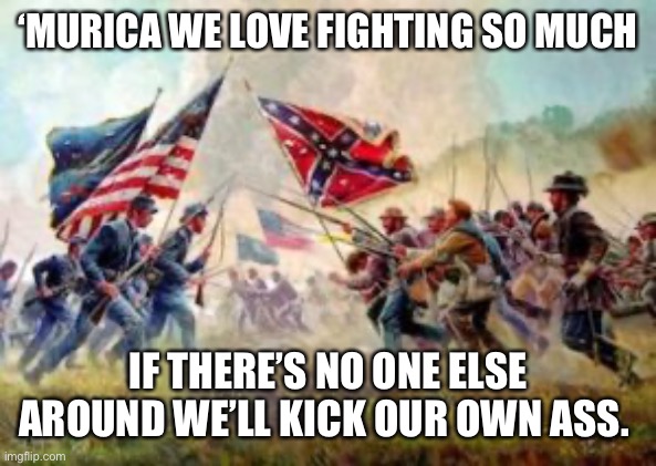 ‘Murica | ‘MURICA WE LOVE FIGHTING SO MUCH; IF THERE’S NO ONE ELSE AROUND WE’LL KICK OUR OWN ASS. | image tagged in civil war,'murica,murica | made w/ Imgflip meme maker