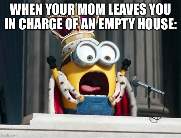 Minions King Bob | WHEN YOUR MOM LEAVES YOU IN CHARGE OF AN EMPTY HOUSE: | image tagged in minions king bob | made w/ Imgflip meme maker