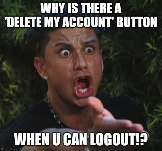 DJ Pauly D | WHY IS THERE A 'DELETE MY ACCOUNT' BUTTON; WHEN U CAN LOGOUT!? | image tagged in memes,dj pauly d | made w/ Imgflip meme maker