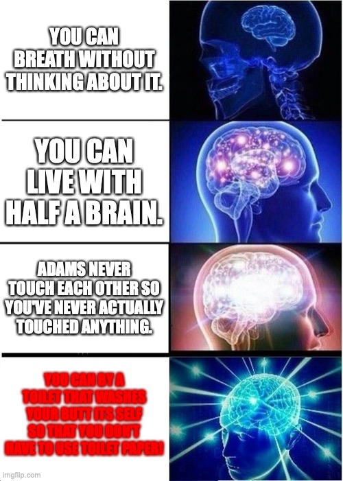 Big brain | YOU CAN BREATH WITHOUT THINKING ABOUT IT. YOU CAN LIVE WITH HALF A BRAIN. ADAMS NEVER TOUCH EACH OTHER SO YOU'VE NEVER ACTUALLY TOUCHED ANYTHING. YOU CAN BY A TOILET THAT WASHES YOUR BUTT ITS SELF SO THAT YOU DON'T HAVE TO USE TOILET PAPER! | image tagged in memes,expanding brain | made w/ Imgflip meme maker