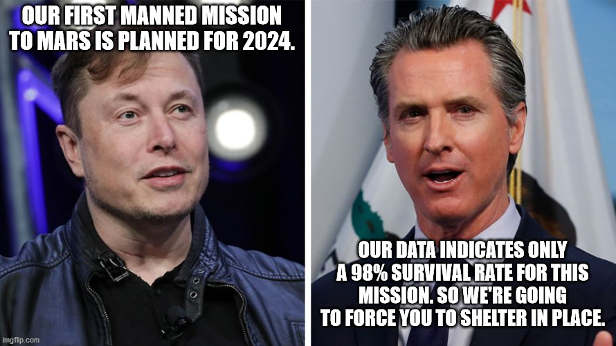 Musk vs Newsome | OUR FIRST MANNED MISSION TO MARS IS PLANNED FOR 2024. OUR DATA INDICATES ONLY A 98% SURVIVAL RATE FOR THIS MISSION. SO WE'RE GOING TO FORCE YOU TO SHELTER IN PLACE. | image tagged in elon musk,gavin,survival,spacex | made w/ Imgflip meme maker