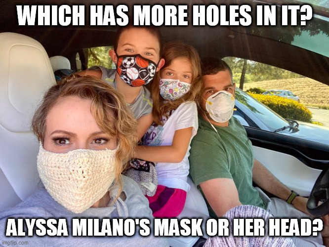 Alyssa Milano is an idiot | WHICH HAS MORE HOLES IN IT? ALYSSA MILANO'S MASK OR HER HEAD? | image tagged in celebrity,alyssa milano,mask,covid-19 | made w/ Imgflip meme maker