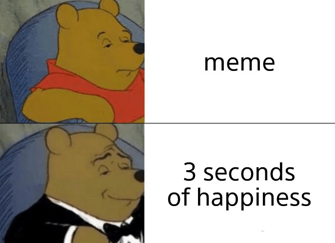 Tuxedo Winnie The Pooh |  meme; 3 seconds of happiness | image tagged in memes,tuxedo winnie the pooh | made w/ Imgflip meme maker