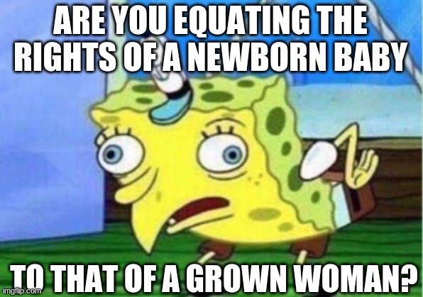 Mocking Spongebob Meme | ARE YOU EQUATING THE RIGHTS OF A NEWBORN BABY TO THAT OF A GROWN WOMAN? | image tagged in memes,mocking spongebob | made w/ Imgflip meme maker
