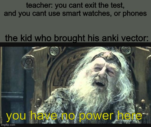 and that's how to leave teacher's shocked looked | teacher: you cant exit the test, and you cant use smart watches, or phones; the kid who brought his anki vector:; you have no power here | image tagged in you have no power here | made w/ Imgflip meme maker