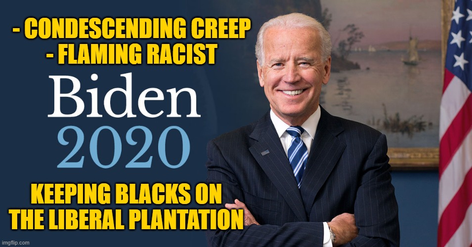 And mashed potatoes for brains! | - CONDESCENDING CREEP
- FLAMING RACIST; KEEPING BLACKS ON THE LIBERAL PLANTATION | image tagged in biden for president | made w/ Imgflip meme maker