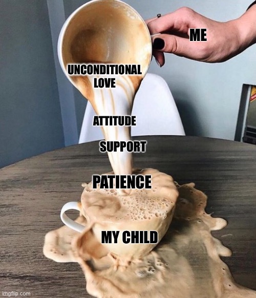 Motherhood | ME; UNCONDITIONAL LOVE; ATTITUDE; SUPPORT; PATIENCE; MY CHILD | image tagged in overflowing coffee | made w/ Imgflip meme maker