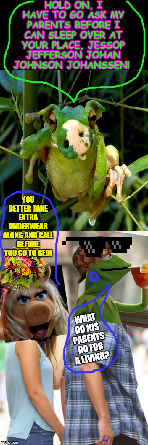 But That's None Of My Business Meme | HOLD ON, I HAVE TO GO ASK MY PARENTS BEFORE I CAN SLEEP OVER AT YOUR PLACE, JESSOP JEFFERSON JOHAN JOHNSON JOHANSSEN! YOU BETTER TAKE EXTRA UNDERWEAR ALONG AND CALL BEFORE YOU GO TO BED! WHAT DO HIS PARENTS DO FOR A LIVING? | image tagged in memes,but that's none of my business,kermit the frog | made w/ Imgflip meme maker
