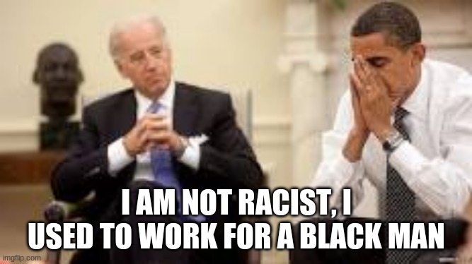 You kinda are | I AM NOT RACIST, I USED TO WORK FOR A BLACK MAN | image tagged in obama and biden,i am not a racist,my best friend is black,i used to work for a black,i eat watermelon too,i will pick a black fe | made w/ Imgflip meme maker