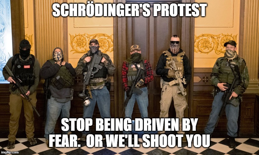 Schrödinger's protest | SCHRÖDINGER'S PROTEST; STOP BEING DRIVEN BY FEAR.  OR WE'LL SHOOT YOU | image tagged in covid-19,protests,michigan | made w/ Imgflip meme maker