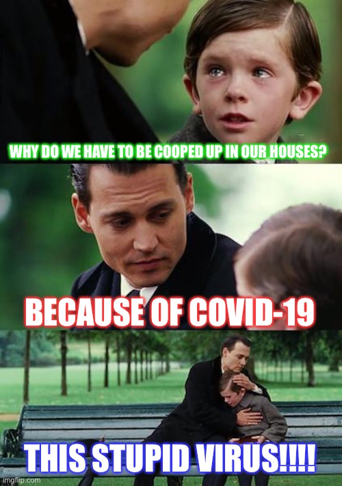 Covid-19 | WHY DO WE HAVE TO BE COOPED UP IN OUR HOUSES? BECAUSE OF COVID-19; THIS STUPID VIRUS!!!! | image tagged in memes,finding neverland | made w/ Imgflip meme maker