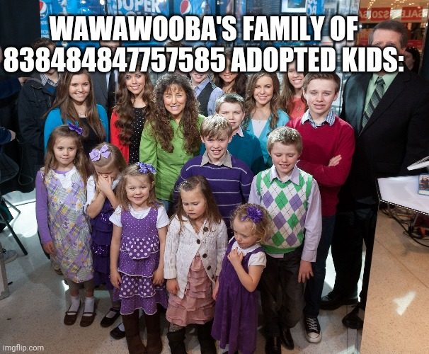 Literally. | WAWAWOOBA'S FAMILY OF 838484847757585 ADOPTED KIDS: | image tagged in duggar family | made w/ Imgflip meme maker