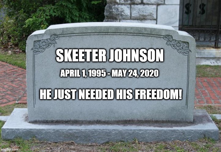 skeeter | SKEETER JOHNSON; APRIL 1, 1995 - MAY 24, 2020; HE JUST NEEDED HIS FREEDOM! | image tagged in gravestone | made w/ Imgflip meme maker