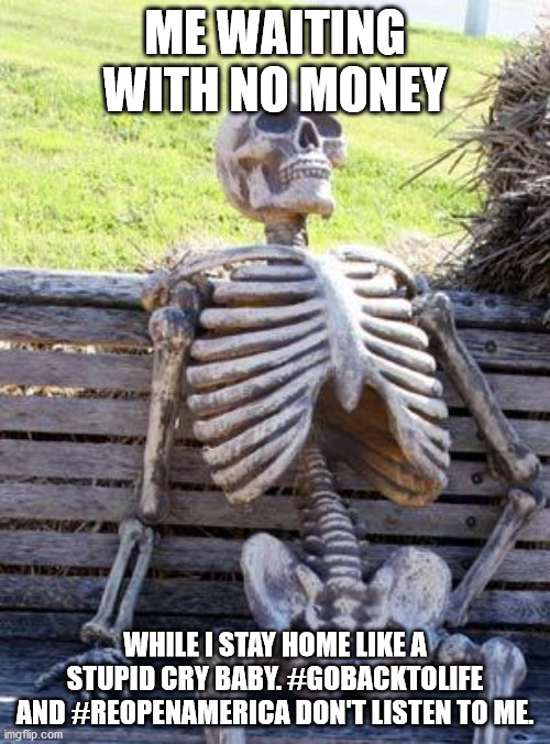 a stay home lunatic | ME WAITING WITH NO MONEY; WHILE I STAY HOME LIKE A STUPID CRY BABY. #GOBACKTOLIFE AND #REOPENAMERICA DON'T LISTEN TO ME. | image tagged in memes,lunatic,reopen america | made w/ Imgflip meme maker