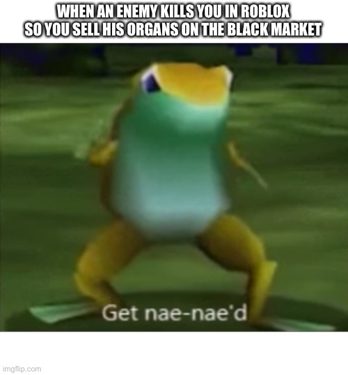 Get nae nae’d frog | WHEN AN ENEMY KILLS YOU IN ROBLOX SO YOU SELL HIS ORGANS ON THE BLACK MARKET | image tagged in get nae naed frog | made w/ Imgflip meme maker