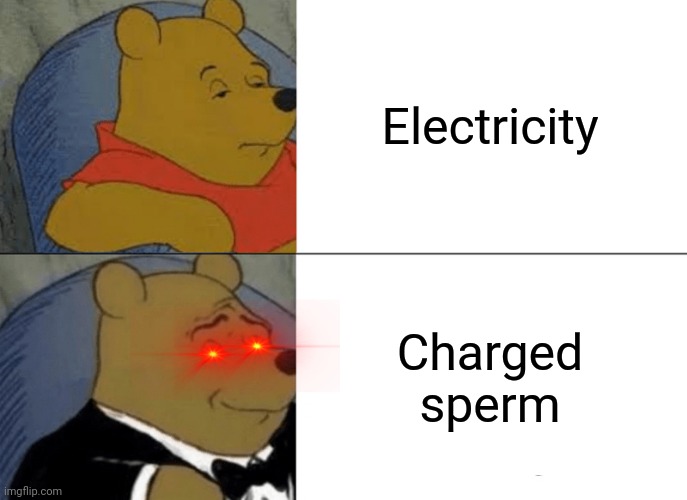 Tuxedo Winnie The Pooh Meme | Electricity; Charged sperm | image tagged in memes,tuxedo winnie the pooh,sperm,electricity | made w/ Imgflip meme maker