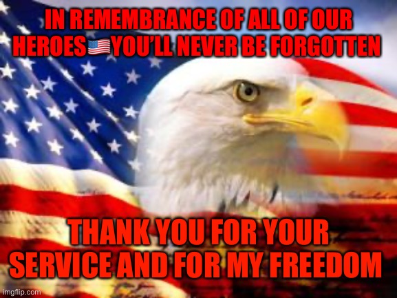 American Flag | IN REMEMBRANCE OF ALL OF OUR HEROES🇺🇸YOU’LL NEVER BE FORGOTTEN; THANK YOU FOR YOUR SERVICE AND FOR MY FREEDOM | image tagged in american flag | made w/ Imgflip meme maker