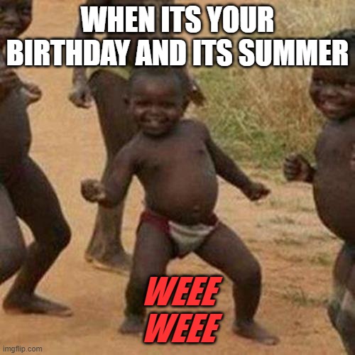 wee | WHEN ITS YOUR BIRTHDAY AND ITS SUMMER; WEEE
WEEE | image tagged in memes,third world success kid | made w/ Imgflip meme maker