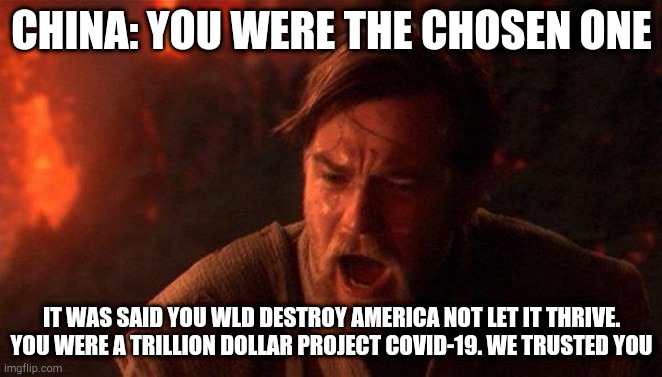 You Were The Chosen One (Star Wars) Meme | CHINA: YOU WERE THE CHOSEN ONE; IT WAS SAID YOU WLD DESTROY AMERICA NOT LET IT THRIVE. YOU WERE A TRILLION DOLLAR PROJECT COVID-19. WE TRUSTED YOU | image tagged in memes,you were the chosen one star wars | made w/ Imgflip meme maker