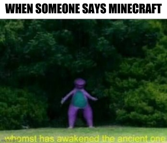 lol I love minecraft tho | WHEN SOMEONE SAYS MINECRAFT | image tagged in whomst has awakened the ancient one,memes,minecraft | made w/ Imgflip meme maker