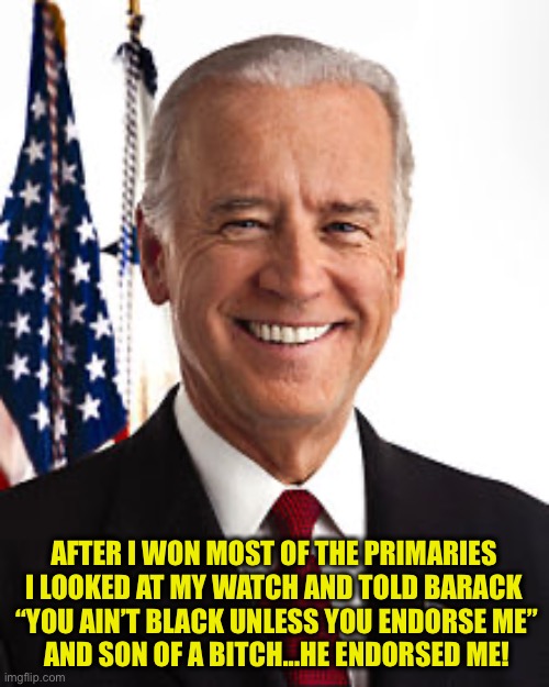 Or did he say that to the Ukraine Prime Minister? | AFTER I WON MOST OF THE PRIMARIES I LOOKED AT MY WATCH AND TOLD BARACK
 “YOU AIN’T BLACK UNLESS YOU ENDORSE ME”
 AND SON OF A BITCH...HE ENDORSED ME! | image tagged in memes,joe biden | made w/ Imgflip meme maker