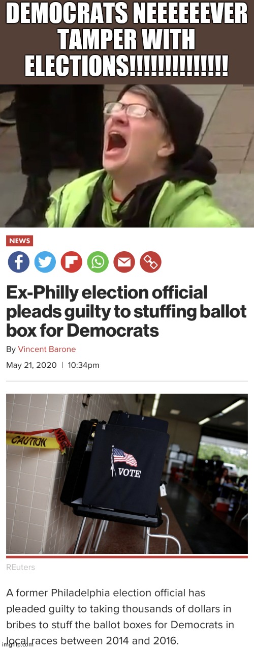 DEMOCRATS NEEEEEEVER TAMPER WITH ELECTIONS!!!!!!!!!!!!!! | image tagged in screaming liberal | made w/ Imgflip meme maker