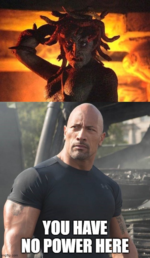 You know who you're dealing with right? | YOU HAVE NO POWER HERE | image tagged in medusa,the rock,you have no power here | made w/ Imgflip meme maker