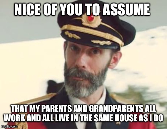Captain Obvious | NICE OF YOU TO ASSUME THAT MY PARENTS AND GRANDPARENTS ALL WORK AND ALL LIVE IN THE SAME HOUSE AS I DO | image tagged in captain obvious | made w/ Imgflip meme maker