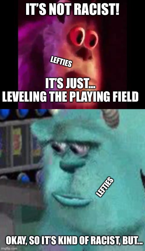IT’S NOT RACIST! IT’S JUST... LEVELING THE PLAYING FIELD OKAY, SO IT’S KIND OF RACIST, BUT... LEFTIES LEFTIES | image tagged in sully groan,mike explaining meme | made w/ Imgflip meme maker