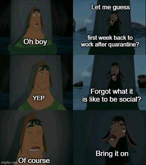 Emperor's New Groove Waterfall  | Let me guess; first week back to work after quarantine? Oh boy; Forgot what it is like to be social? YEP; Bring it on; Of course | image tagged in emperor's new groove waterfall | made w/ Imgflip meme maker