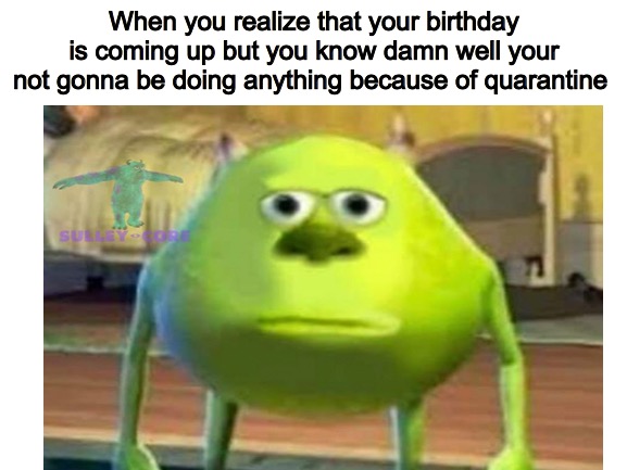 When you realize that your birthday is coming up but you know damn well your not gonna be doing anything because of quarantine | image tagged in monsters inc | made w/ Imgflip meme maker