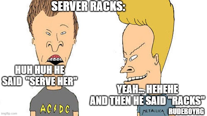 Beavis and Butthead Server Racks | SERVER RACKS:; HUH HUH HE SAID  "SERVE HER"; YEAH... HEHEHE AND THEN HE SAID "RACKS"; RUDEBOYRG | image tagged in beavis  butthead | made w/ Imgflip meme maker
